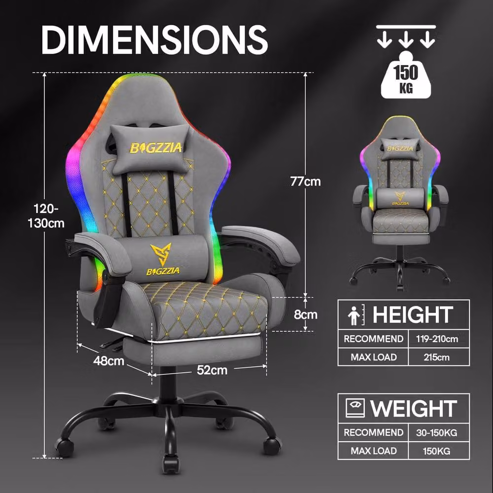 Gartistgo Grey PU Leather Gaming Chair with RGB Lights, Footrest and Headrest – 2