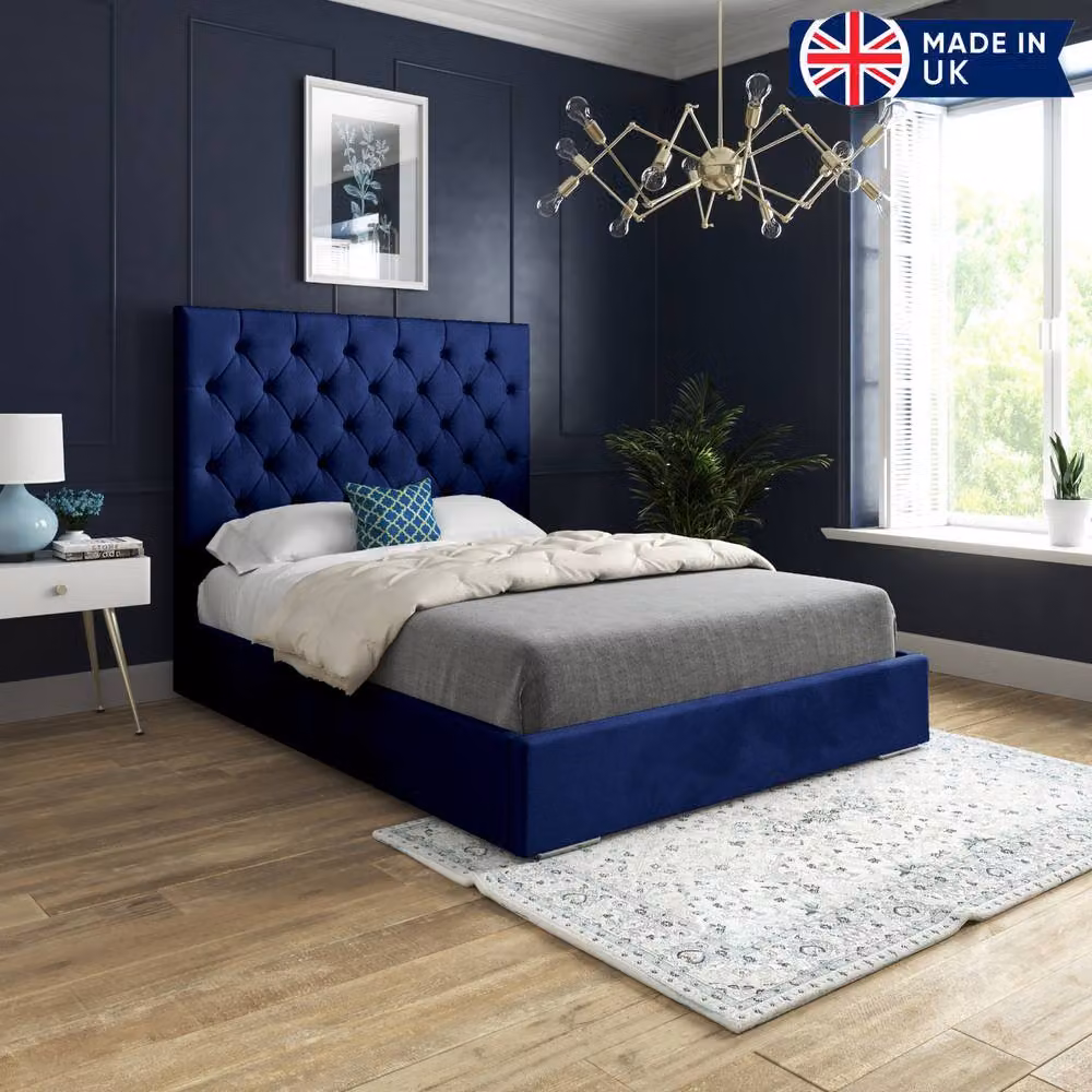 KDMD Fikston Blue Velvet Upholstered Chesterfield Designer Bed Frame, W/D/H: 200 x 137 x 189 cm – 3