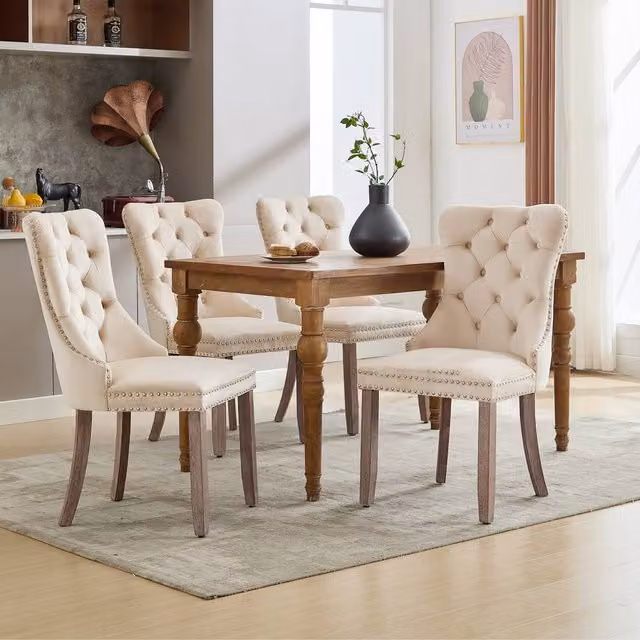 Rolipo Set of 4 Beige Velvet Upholstered Dining Chairs with Rubberwood Legs – 1