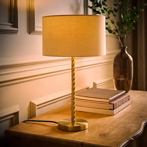 ValueLights Maura Modern Twisted Gold Metal Table Lamp with Beige Fabric Drum Shade – 2