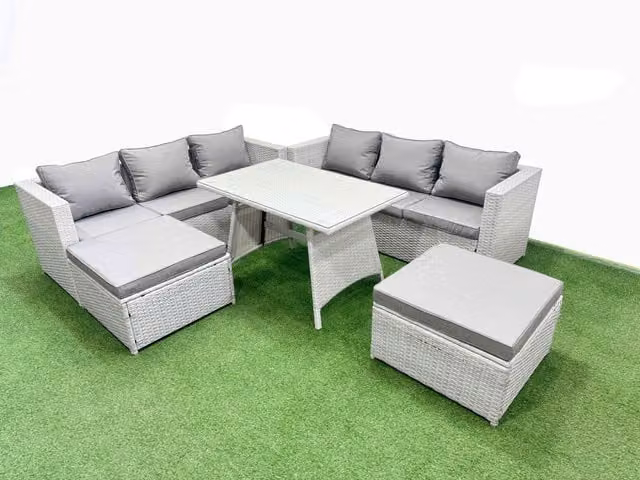 Fimous 8-Seater Patio Set with Rectangular Table, 3-Seater Sofa and 2 Large Stools in Light Grey