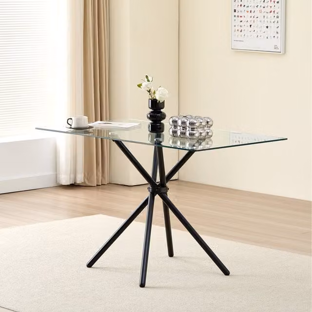 Madefor.living Miami Rectangular Glass Dining Table with Starburst Legs in Black and Transparent
