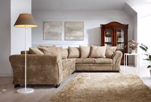 Abakus Direct Farrow Left Facing L-Shaped Corner Sofa in Brown Crushed Chenille with Scatter Cushions, W: 230 cm x D: 85 cm x H: 85 cm – 1