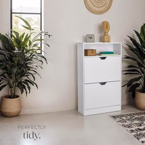 tectake Tall Shoe Storage Cabinet in White, W/D/H: 60 x 24 x 102 cm, Slim Space-Saving Design with 2 Tilting Compartments and Open Shelf for Up to 12 Pairs of Shoes – 2