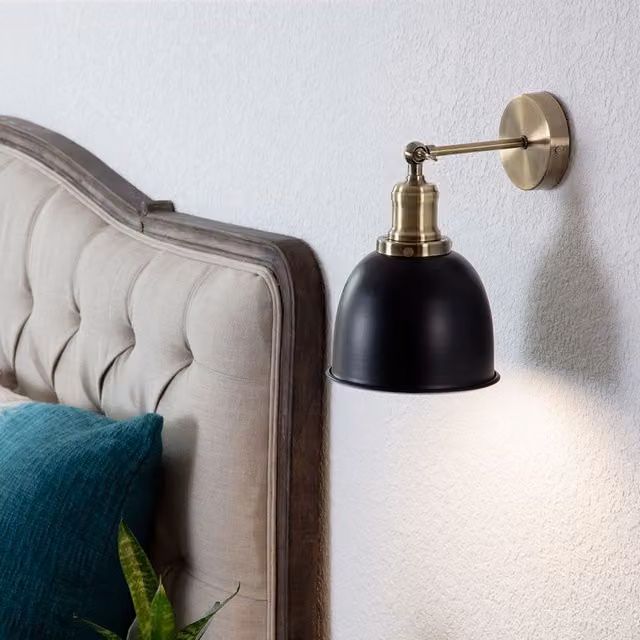MiniSun Retro Style Antique Brass Wall Lights with Gloss Black Dome Shades, Set of 2