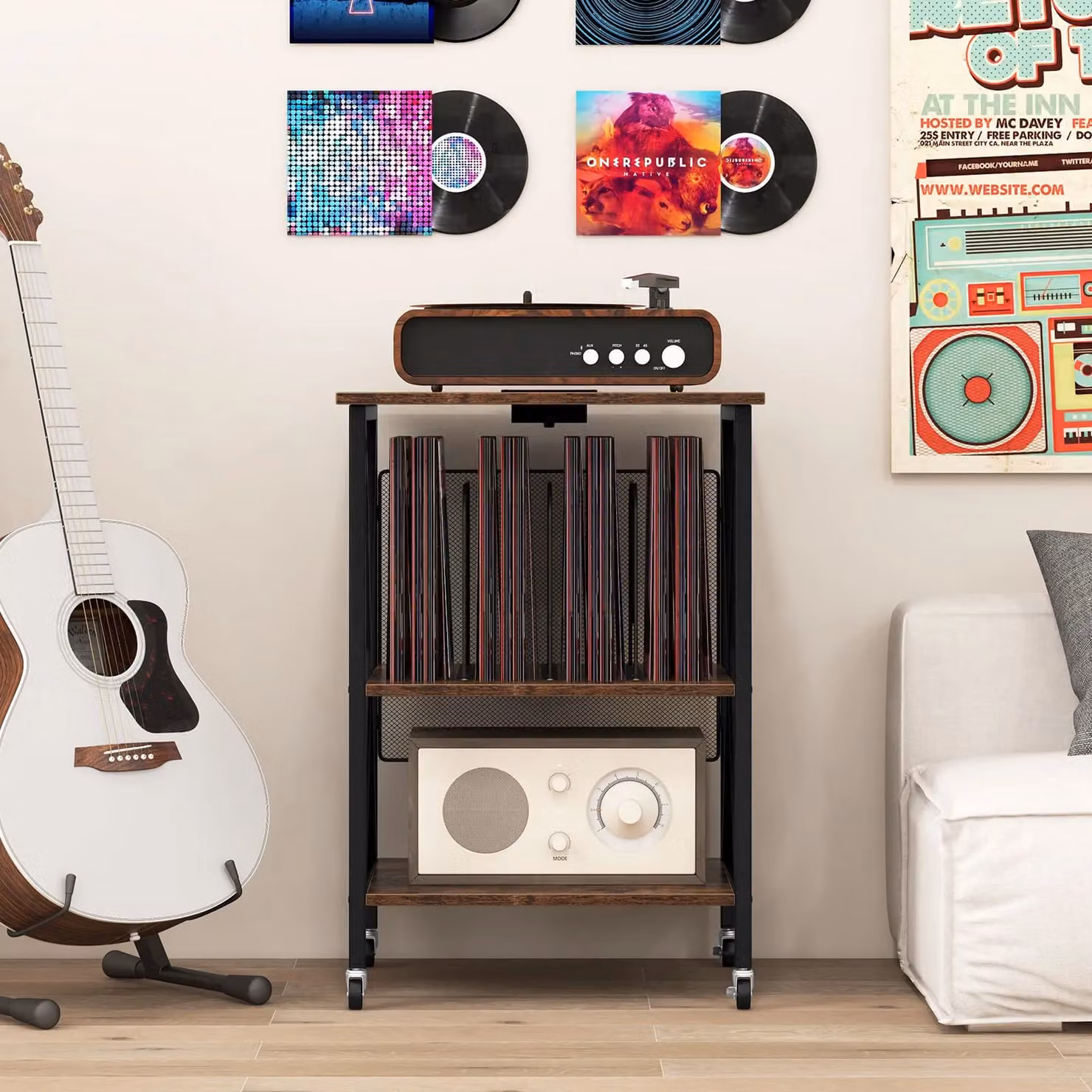 Costway Brown Industrial Record Player Stand and Vinyl Storage Cabinet with Castors – 3