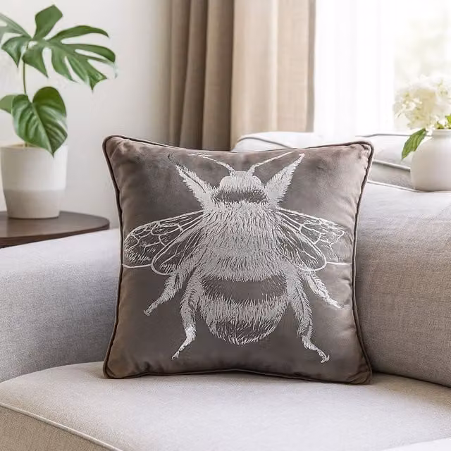 Voltico Foil Printed Bee Filled Cushion, Charcoal with Pink and Brown Details, W/D/H: 43 x 43 x 43 cm – 1