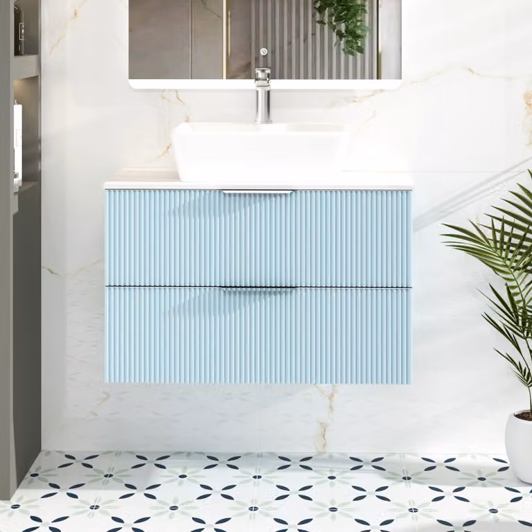 Royal Bathrooms Evora 800mm Powder Blue Fluted Wall Hung Vanity Unit with 2 Drawers and Countertop Basin
