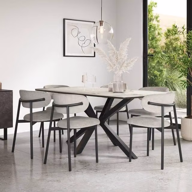 More4Homes Juno Calcutta Gold Ceramic Dining Table with Myla Grey Linen Dining Chairs Set of 6, W: 180 cm, D: 90 cm, H: 75 cm