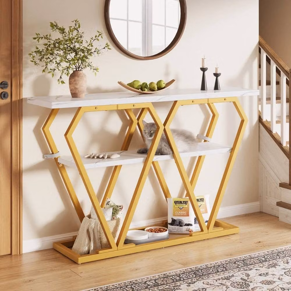 ERGOVEXA Modern Marble Effect Console Table with Gold X-Frame, White and Multicolour, W/D/H: 110 x 29.5 x 80 cm – 2