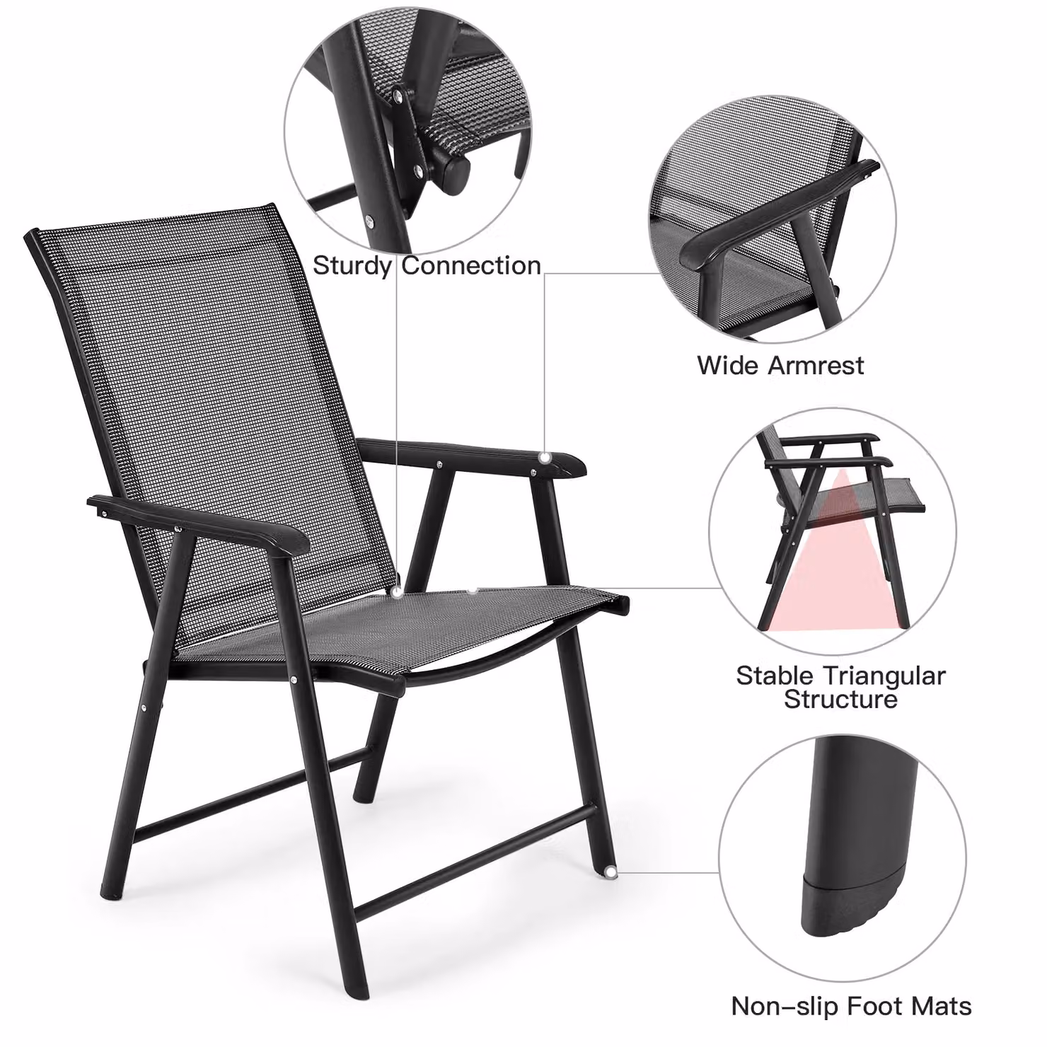 Costway Set of 2 Grey Metal Folding Garden Armchairs with Armrests – 3