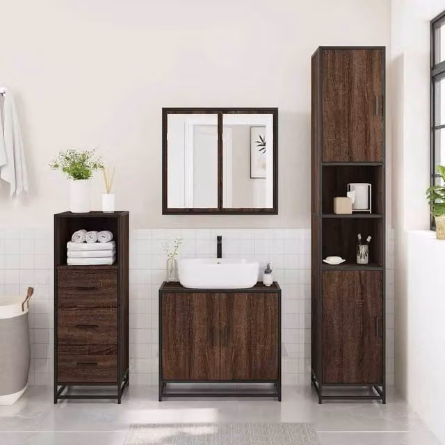 Berkfield Home Brown Oak Bathroom Cabinet with Open Shelf and Hinged Doors, W/D/H: 35 x 37.5 x 100 cm