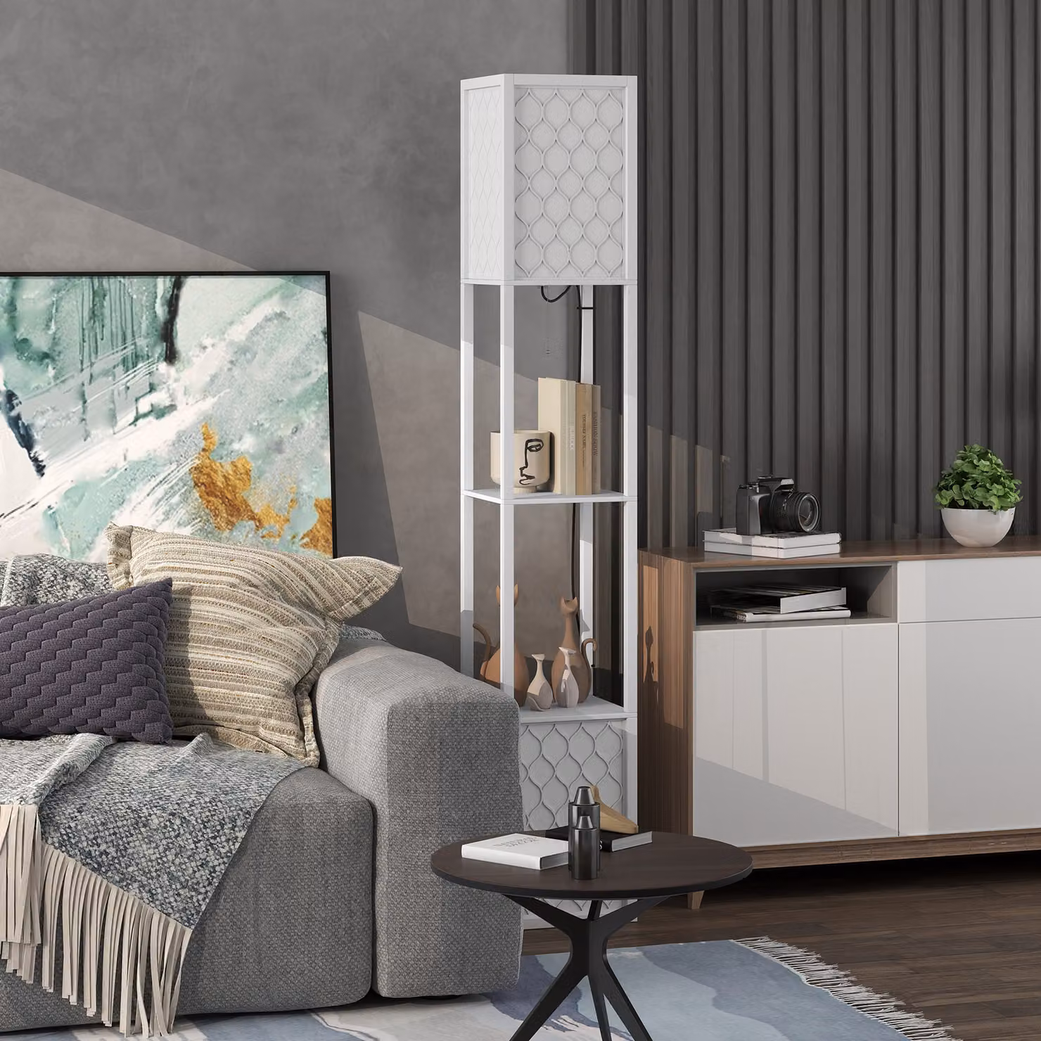 HOMCOM Modern White Floor Lamp with Shelves and Dual Up and Down Lighting – 8