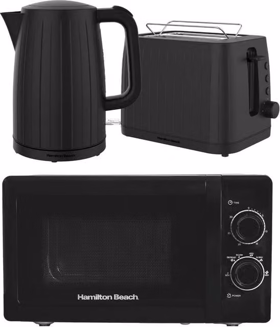 Hamilton Beach Stealth Kitchen Set in Black with 1.7L Kettle, 2 Slice Toaster and 20L Stainless Steel Cavity Microwave – 1