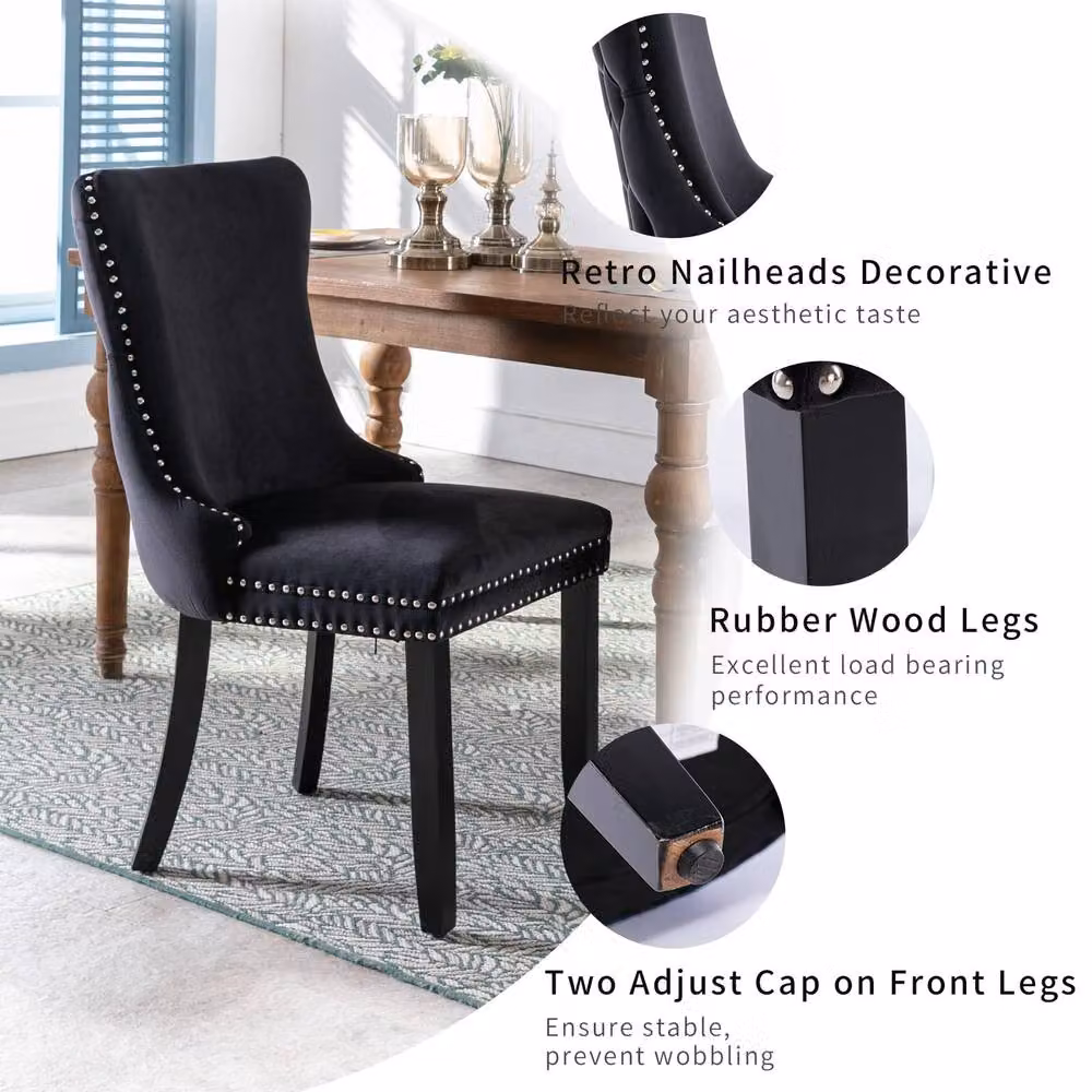 Modern Home Touch Sierra Set of 2 Black Velvet Wing Back Dining Chairs with Oak Wood Legs – 6