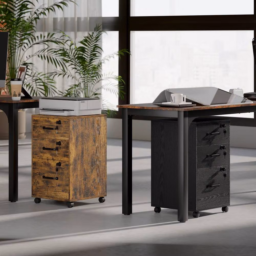 Rolipo 3-Drawer Wood Effect Filing Cabinet in Brown with Castors – 10