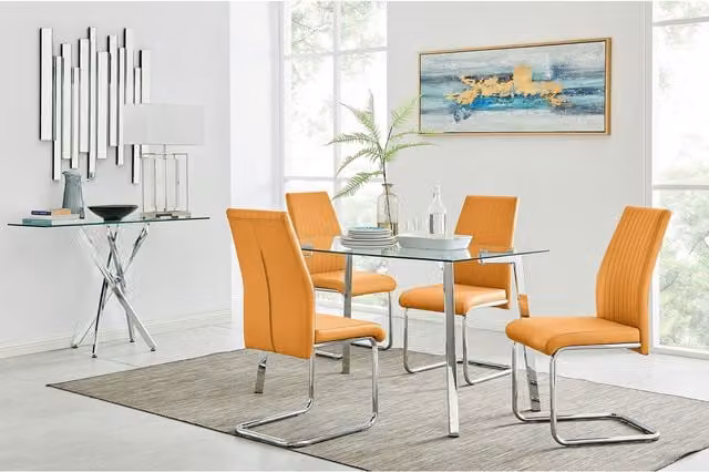 FurnitureboxUK Cosmo Chrome Metal and Glass Rectangular Kitchen Dining Table with 4 Lorenzo Dining Chairs in Mustard Yellow