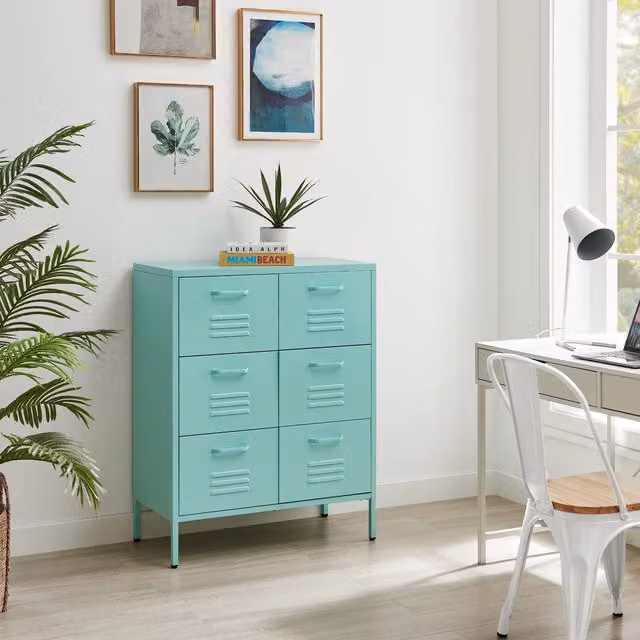 FurnitureboxUK Teksi Modern Industrial Metal 6 Drawer Sideboard in Blue and Turquoise