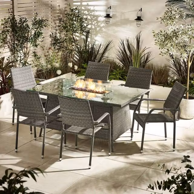 FurnitureboxUK Marbella 6 Seat Grey Polyrattan Garden Dining Set with Firepit Table – 1