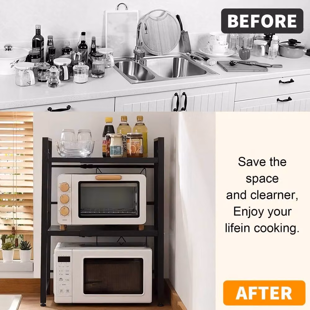 FORGEVIO 3 Layer Expandable Microwave Oven Rack Stand in Black with Adjustable Shelves – 3