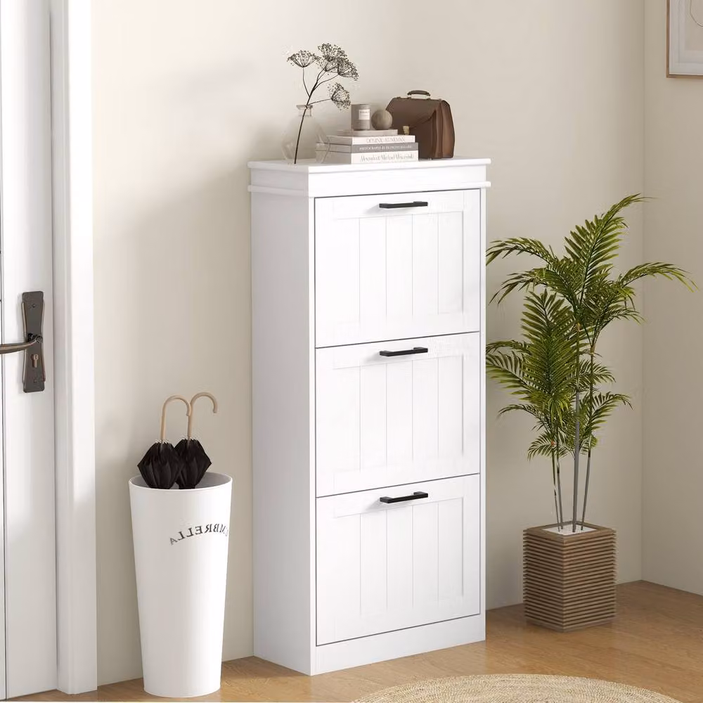 ERGOVEXA White Slim Shoe Storage Cabinet with 3 Tilting Compartments, Holds Up to 15 Pairs – 3