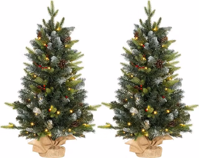 HOMCOM 2 Piece Green Tabletop Christmas Tree Set with Lights, Pine Cones and Red Berries, 3ft