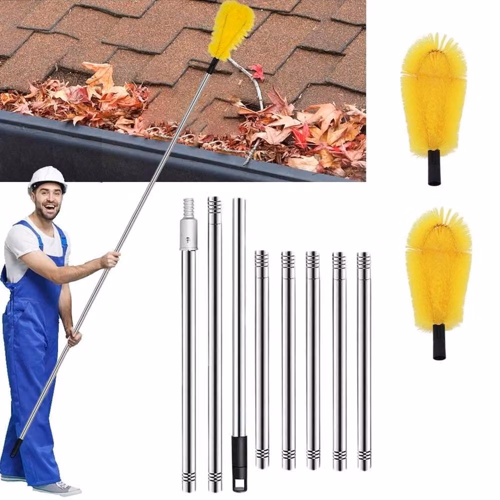 KORVIXA 2-Pack Gutter Cleaning Brushes with 2 Extendable Telescopic Poles in Multicolour and Yellow – 4