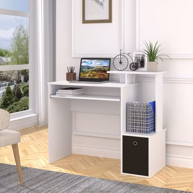 HOMCOM Modern White Computer Desk with Sliding Keyboard Tray and Shelf for Home Office
