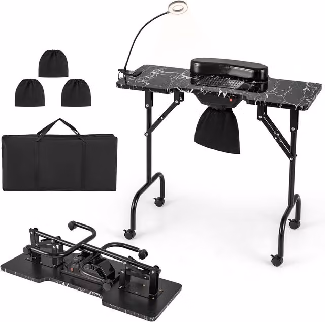 Costway Folding Manicure Nail Table with Electric Dust Collector and Carry Bag in Black – 1