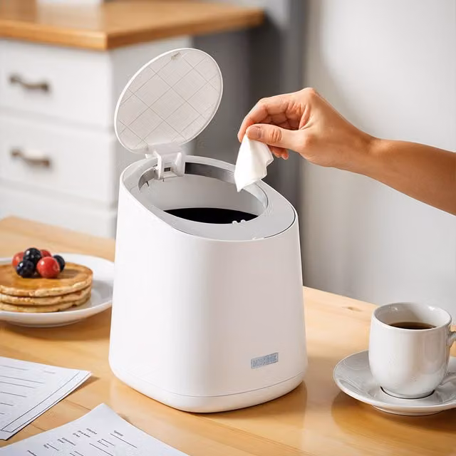 Livingandhome Mini Desktop Bin with Touch Press-Top Lid, White Plastic