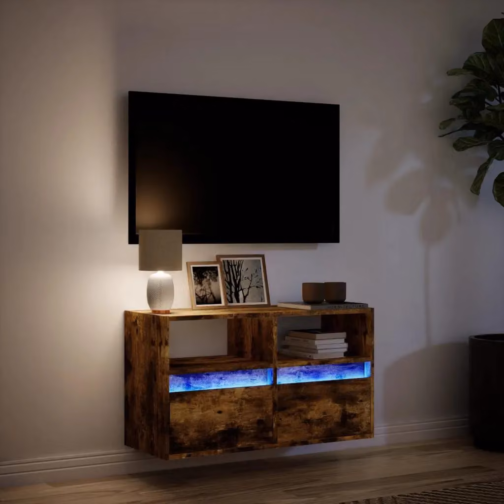 Berkfield Home Modern Wall Mounted TV Cabinet with LED Lighting in Smoked Oak Brown, W/D/H: 80 x 31 x 45 cm – 5
