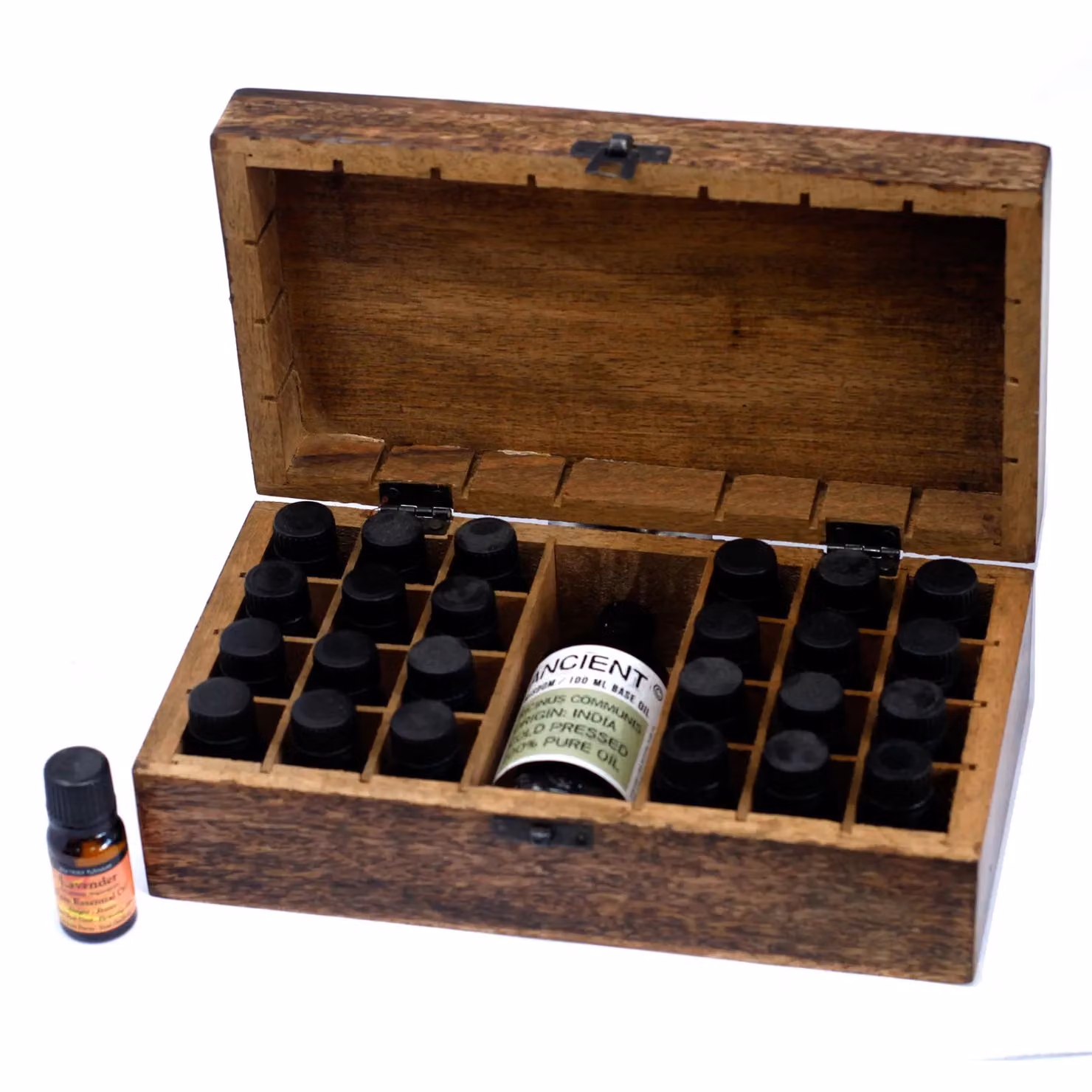 KDMD Mango Wood Aromatherapy Box in Brown, Floral Design, Holds 24+1 Items – 3
