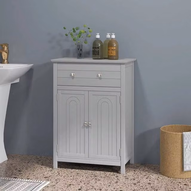 FORGEVIO Free Standing Grey Bathroom Cabinet with Hinged Doors and Drawers
