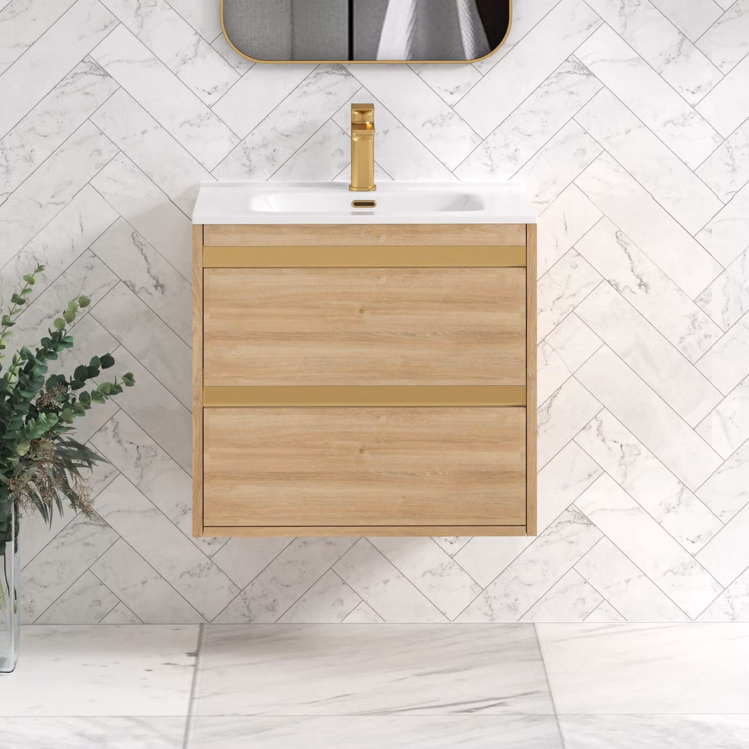 Royal Bathrooms Orion Natural Oak 2 Drawer Wall Hung Vanity Unit with Ceramic Basin