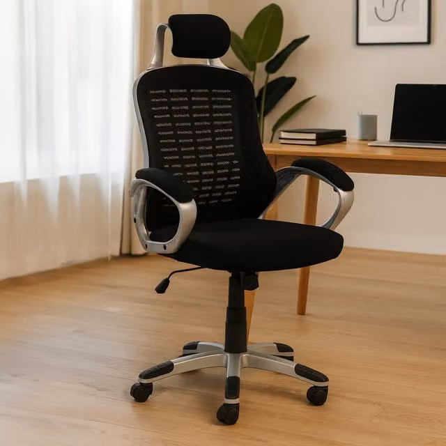 Orsina Ergonomic Black and Silver Fabric Home Office Chair with Headrest and Armrests – 1