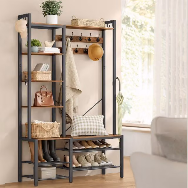 VASAGLE Industrial Hall Tree with Bench and Coat Stand in Bronze and Black