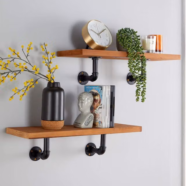 Home Source Industrial Black Metal Pipe Bracket Shelves in Natural Wood