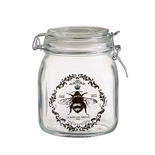 Orsina Queen Bee Glass Storage Jar with Clip Top Lid, 1000ml, Transparent with Gold and Brown Bee Motif