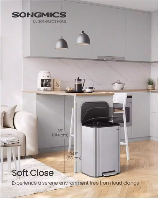 SONGMICS 50L Steel Pedal Bin with Soft-Close Lid and Removable Inner Bucket, Silver