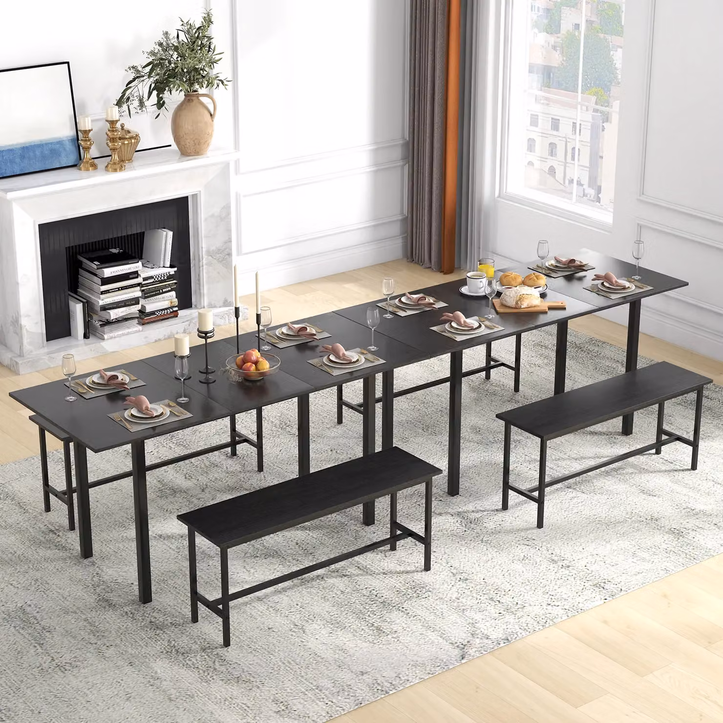 Costway Extendable Dining Table Set with 2 Benches in Black – 4