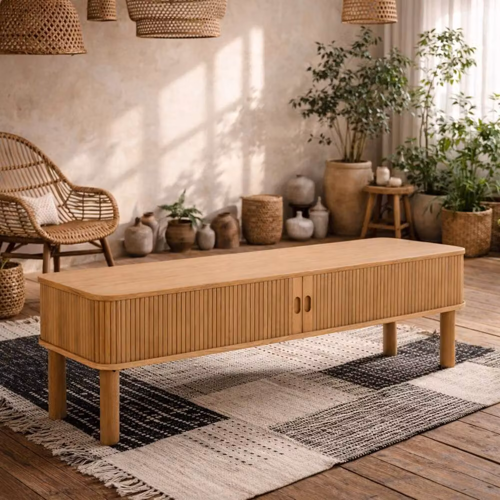 Wyld Haus Copenhagen Copenhagen Natural Oak TV Unit with 2 Tambour Doors, W: 140 cm, D: 40 cm, H: 45 cm – 2