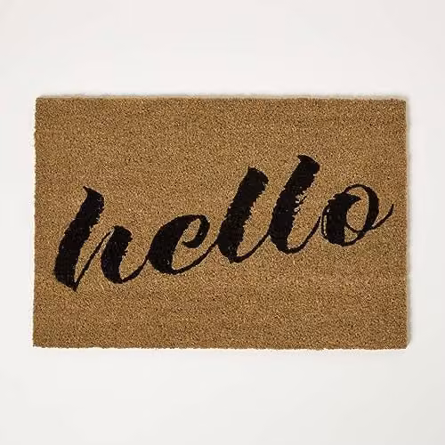 Homescapes Hello Coir Doormat with Non-Slip Rubber Back, Brown and Black, W: 60 cm, D: 40 cm