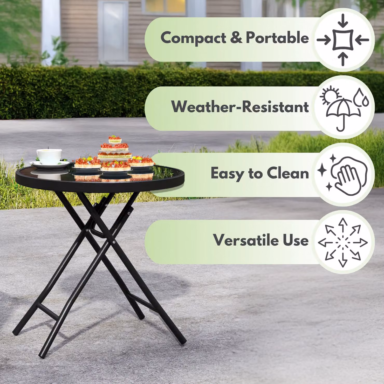 Marco Paul Black Circular Folding Garden Side Table with Metal and Glass Top, Diameter: 45 cm – 5