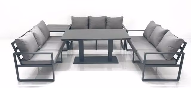 Fimous 9 Seater Aluminium Garden Sofa Set with Rising Dining Table and Side Table in Dark Grey