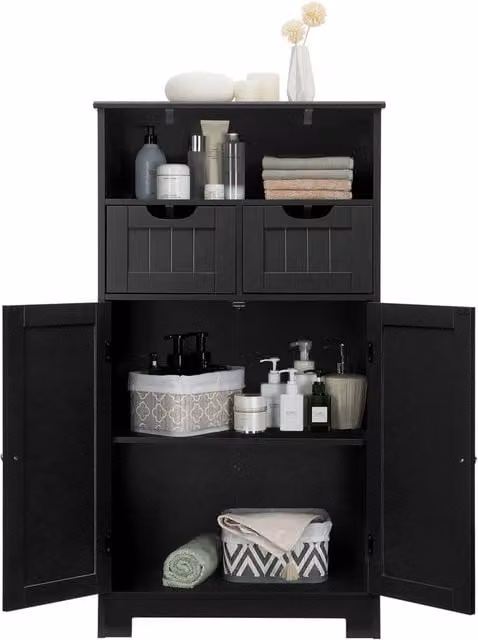 VOGREX Black Wooden Bathroom Cabinet with Double Hinged Doors and Two Internal Drawers – 1