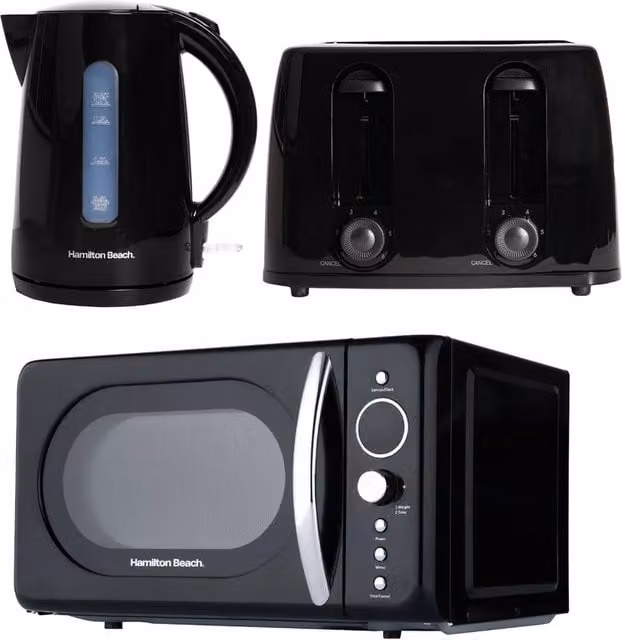 Hamilton Beach Essentials Retro Microwave, 4 Slice Toaster and Kettle Set in Black