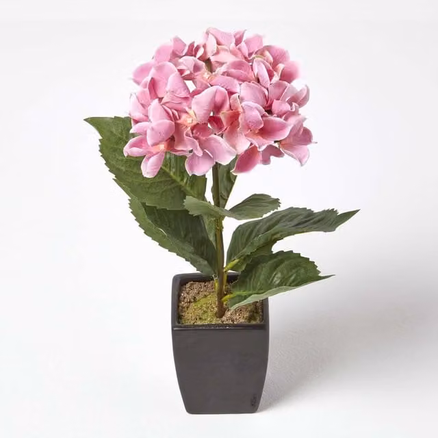 Homescapes Pink Artificial Hydrangea Flower in a Black Pot, Height: 38 cm – 1