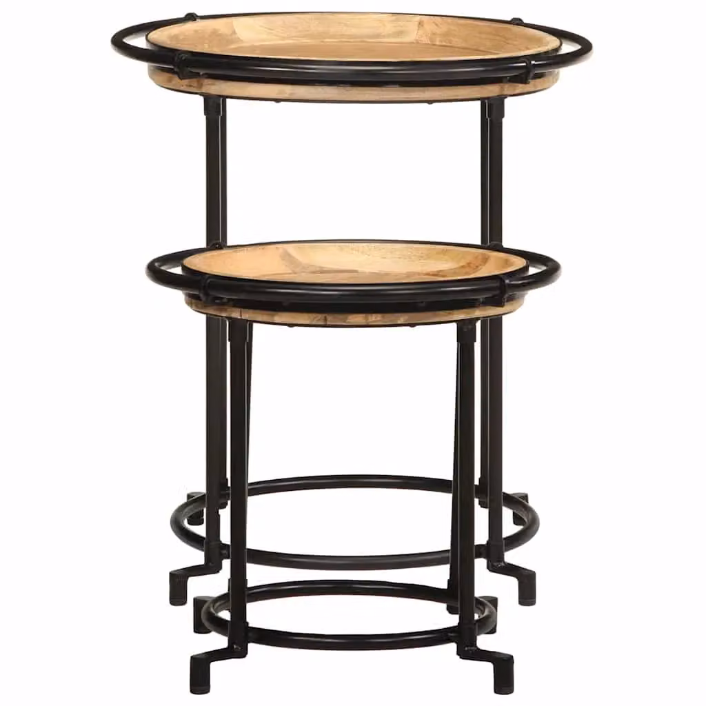 Berkfield Home 2 Piece Set of Round Nested Mango Wood Side Tables in Brown – 2