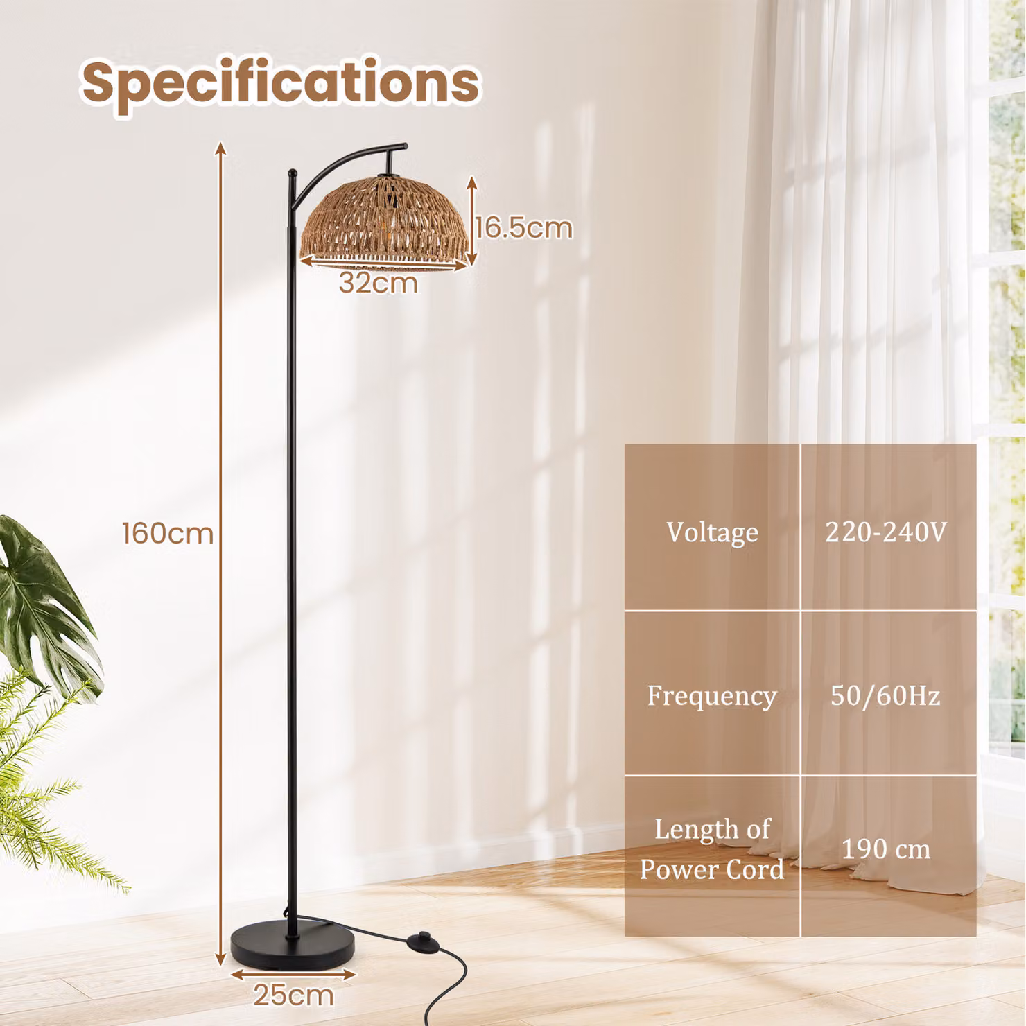 COSTWAY Modern Black Arc Floor Lamp with Rattan Detail – 2