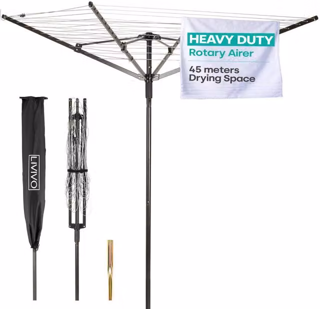 LIVIVO 4 Arm Rotary Outdoor Washing Line and Clothes Dryer in Black with Ground Spike and Cover